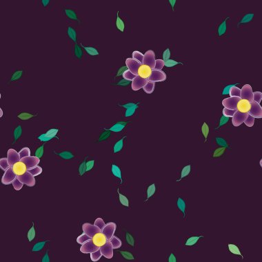 Basit renkli çiçeklerle kusursuz desen ve duvar kağıdı için yeşil yapraklar, vektör illüstrasyonu