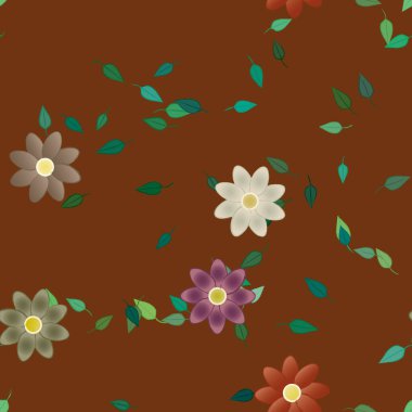 Basit renkli çiçeklerle kusursuz desen ve duvar kağıdı için yeşil yapraklar, vektör illüstrasyonu