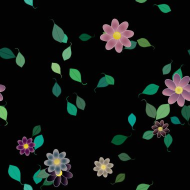 basit renkli çiçekleri olan serbest kompozisyon ve duvar kağıdı için yeşil yapraklar, vektör illüstrasyonu