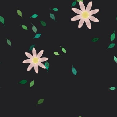 basit renkli çiçekleri olan serbest kompozisyon ve duvar kağıdı için yeşil yapraklar, vektör illüstrasyonu