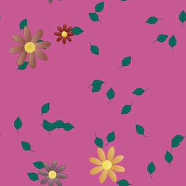 basit renkli çiçekleri olan serbest kompozisyon ve duvar kağıdı için yeşil yapraklar, vektör illüstrasyonu