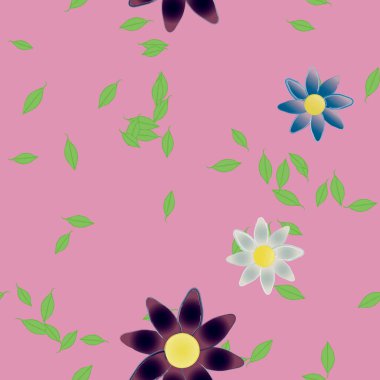 basit renkli çiçekleri olan serbest kompozisyon ve duvar kağıdı için yeşil yapraklar, vektör illüstrasyonu