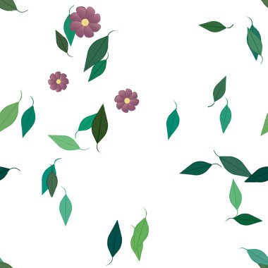 basit renkli çiçekleri olan serbest kompozisyon ve duvar kağıdı için yeşil yapraklar, vektör illüstrasyonu