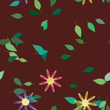 Basit renkli çiçeklerle kusursuz desen ve duvar kağıdı için yeşil yapraklar, vektör illüstrasyonu