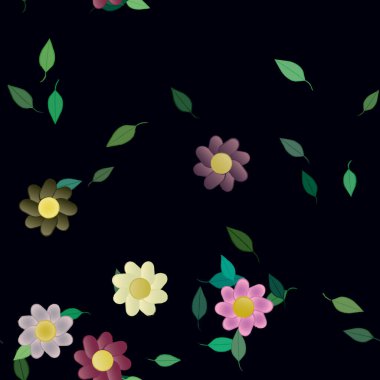 basit renkli çiçekleri olan serbest kompozisyon ve duvar kağıdı için yeşil yapraklar, vektör illüstrasyonu