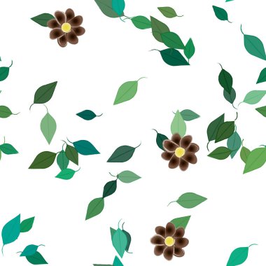 Basit renkli çiçeklerle kusursuz desen ve duvar kağıdı için yeşil yapraklar, vektör illüstrasyonu