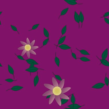 Basit renkli çiçeklerle kusursuz desen ve duvar kağıdı için yeşil yapraklar, vektör illüstrasyonu