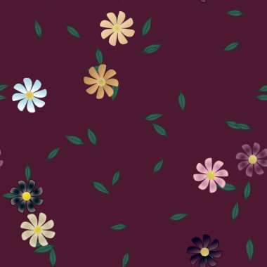 basit renkli çiçekleri olan serbest kompozisyon ve duvar kağıdı için yeşil yapraklar, vektör illüstrasyonu