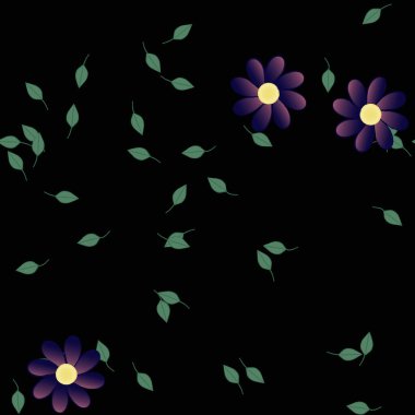 basit renkli çiçekleri olan serbest kompozisyon ve duvar kağıdı için yeşil yapraklar, vektör illüstrasyonu