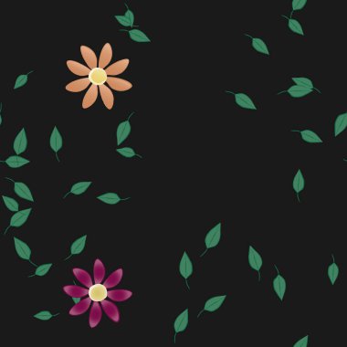 basit renkli çiçekleri olan serbest kompozisyon ve duvar kağıdı için yeşil yapraklar, vektör illüstrasyonu