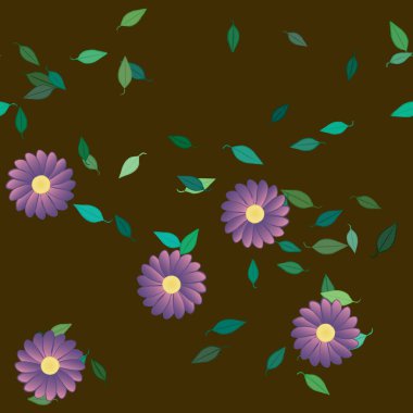 Basit renkli çiçeklerle kusursuz desen ve duvar kağıdı için yeşil yapraklar, vektör illüstrasyonu