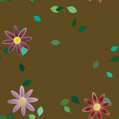 basit renkli çiçekleri olan serbest kompozisyon ve duvar kağıdı için yeşil yapraklar, vektör illüstrasyonu