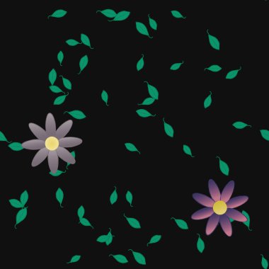 basit renkli çiçekleri olan serbest kompozisyon ve duvar kağıdı için yeşil yapraklar, vektör illüstrasyonu