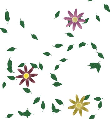 Basit renkli çiçeklerle kusursuz desen ve duvar kağıdı için yeşil yapraklar, vektör illüstrasyonu