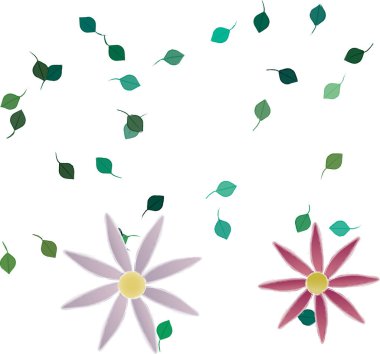 Basit renkli çiçeklerle kusursuz desen ve duvar kağıdı için yeşil yapraklar, vektör illüstrasyonu