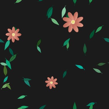 basit renkli çiçekleri olan serbest kompozisyon ve duvar kağıdı için yeşil yapraklar, vektör illüstrasyonu