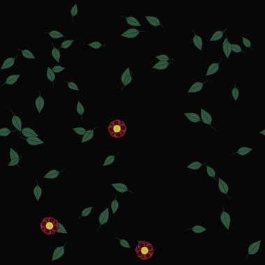 Basit renkli çiçeklerle kusursuz desen ve duvar kağıdı için yeşil yapraklar, vektör illüstrasyonu