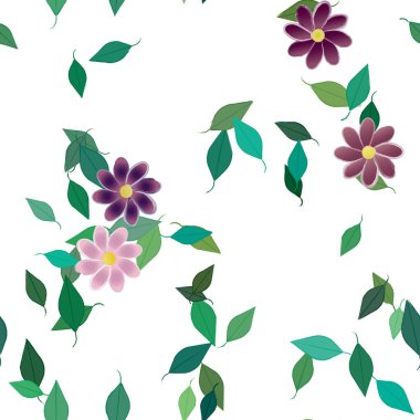 basit renkli çiçekleri olan serbest kompozisyon ve duvar kağıdı için yeşil yapraklar, vektör illüstrasyonu