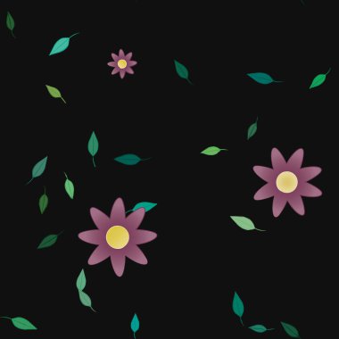 Basit renkli çiçeklerle kusursuz desen ve duvar kağıdı için yeşil yapraklar, vektör illüstrasyonu