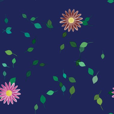 Basit renkli çiçeklerle kusursuz desen ve duvar kağıdı için yeşil yapraklar, vektör illüstrasyonu