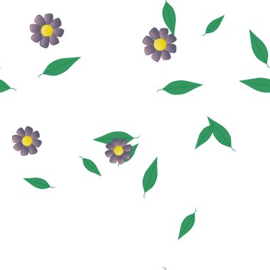 Basit renkli çiçeklerle kusursuz desen ve duvar kağıdı için yeşil yapraklar, vektör illüstrasyonu