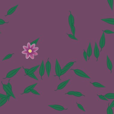 Basit renkli çiçeklerle kusursuz desen ve duvar kağıdı için yeşil yapraklar, vektör illüstrasyonu