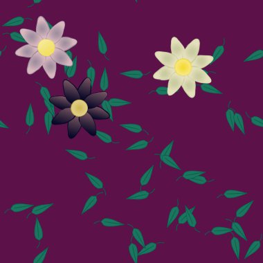 Basit renkli çiçeklerle kusursuz desen ve duvar kağıdı için yeşil yapraklar, vektör illüstrasyonu