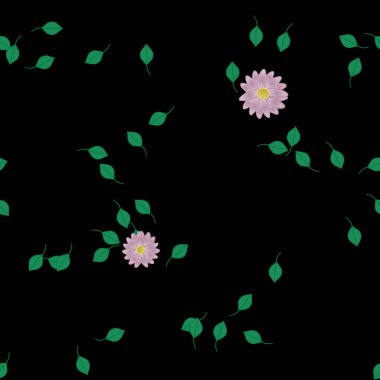 basit renkli çiçekleri olan serbest kompozisyon ve duvar kağıdı için yeşil yapraklar, vektör illüstrasyonu