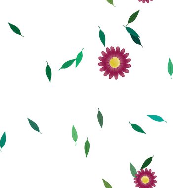 Basit renkli çiçeklerle kusursuz desen ve duvar kağıdı için yeşil yapraklar, vektör illüstrasyonu