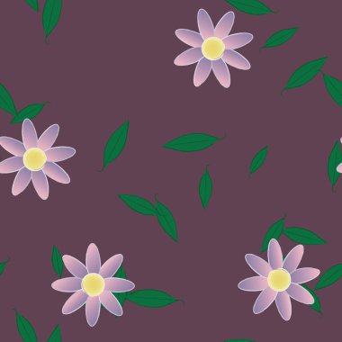 Basit renkli çiçeklerle kusursuz desen ve duvar kağıdı için yeşil yapraklar, vektör illüstrasyonu