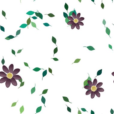 basit renkli çiçekleri olan serbest kompozisyon ve duvar kağıdı için yeşil yapraklar, vektör illüstrasyonu