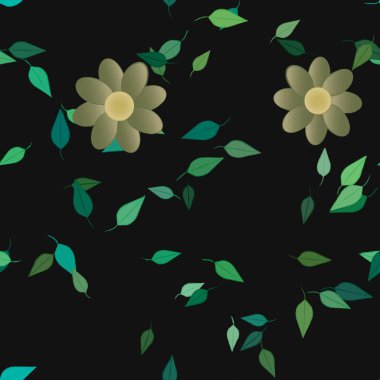 Basit renkli çiçeklerle kusursuz desen ve duvar kağıdı için yeşil yapraklar, vektör illüstrasyonu