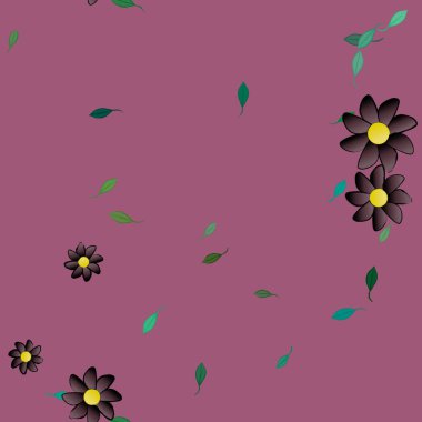 basit renkli çiçekleri olan serbest kompozisyon ve duvar kağıdı için yeşil yapraklar, vektör illüstrasyonu