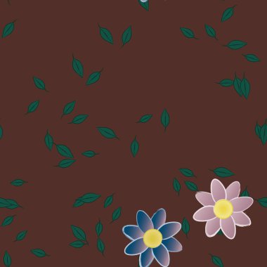 basit renkli çiçekleri olan serbest kompozisyon ve duvar kağıdı için yeşil yapraklar, vektör illüstrasyonu