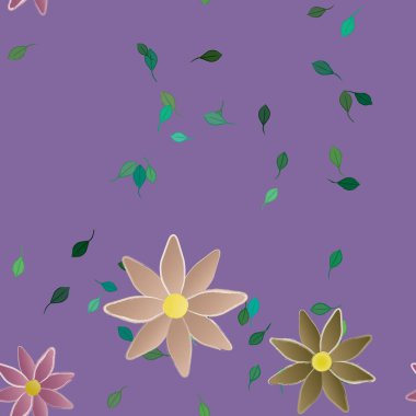 basit renkli çiçekleri olan serbest kompozisyon ve duvar kağıdı için yeşil yapraklar, vektör illüstrasyonu