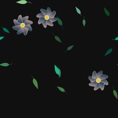 Basit renkli çiçeklerle kusursuz desen ve duvar kağıdı için yeşil yapraklar, vektör illüstrasyonu