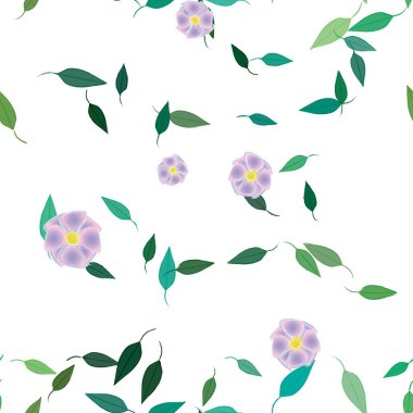 Basit renkli çiçeklerle kusursuz desen ve duvar kağıdı için yeşil yapraklar, vektör illüstrasyonu
