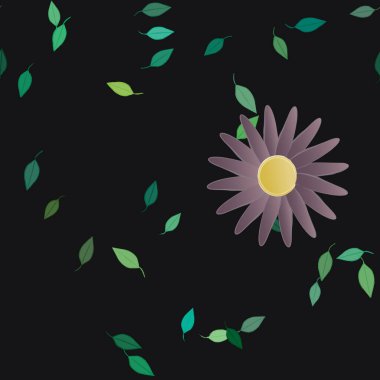 Basit renkli çiçeklerle kusursuz desen ve duvar kağıdı için yeşil yapraklar, vektör illüstrasyonu