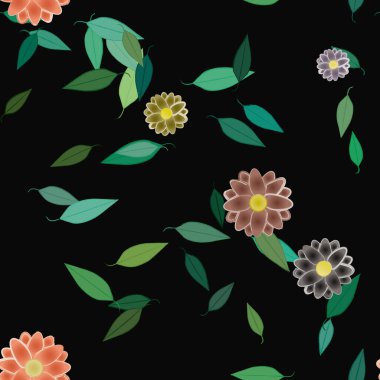 Basit renkli çiçeklerle kusursuz desen ve duvar kağıdı için yeşil yapraklar, vektör illüstrasyonu