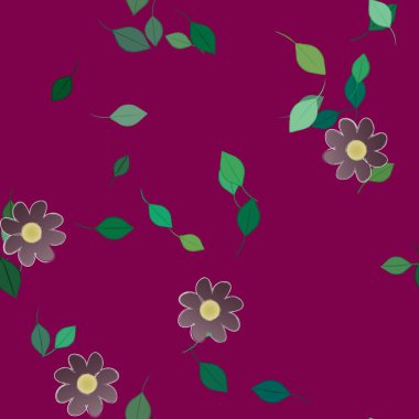 Basit renkli çiçeklerle kusursuz desen ve duvar kağıdı için yeşil yapraklar, vektör illüstrasyonu