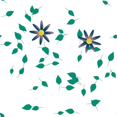 Basit renkli çiçeklerle kusursuz desen ve duvar kağıdı için yeşil yapraklar, vektör illüstrasyonu