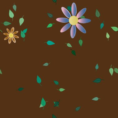 basit renkli çiçekleri olan serbest kompozisyon ve duvar kağıdı için yeşil yapraklar, vektör illüstrasyonu