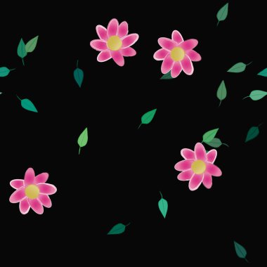 Basit renkli çiçeklerle kusursuz desen ve duvar kağıdı için yeşil yapraklar, vektör illüstrasyonu