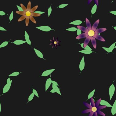 Basit renkli çiçeklerle kusursuz desen ve duvar kağıdı için yeşil yapraklar, vektör illüstrasyonu