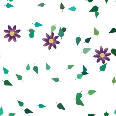 Basit renkli çiçeklerle kusursuz desen ve duvar kağıdı için yeşil yapraklar, vektör illüstrasyonu