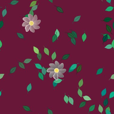 Basit renkli çiçeklerle kusursuz desen ve duvar kağıdı için yeşil yapraklar, vektör illüstrasyonu