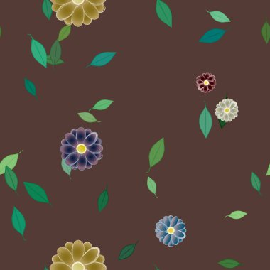 basit renkli çiçekleri olan serbest kompozisyon ve duvar kağıdı için yeşil yapraklar, vektör illüstrasyonu