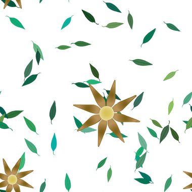 Basit renkli çiçeklerle kusursuz desen ve duvar kağıdı için yeşil yapraklar, vektör illüstrasyonu