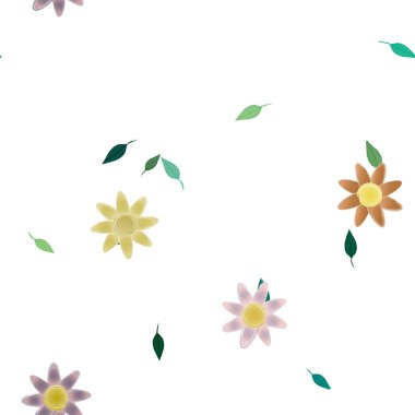 basit renkli çiçekleri olan serbest kompozisyon ve duvar kağıdı için yeşil yapraklar, vektör illüstrasyonu