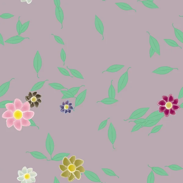 Motif Sans Couture Avec Des Fleurs Colorées Simples Feuilles Vertes — Image vectorielle